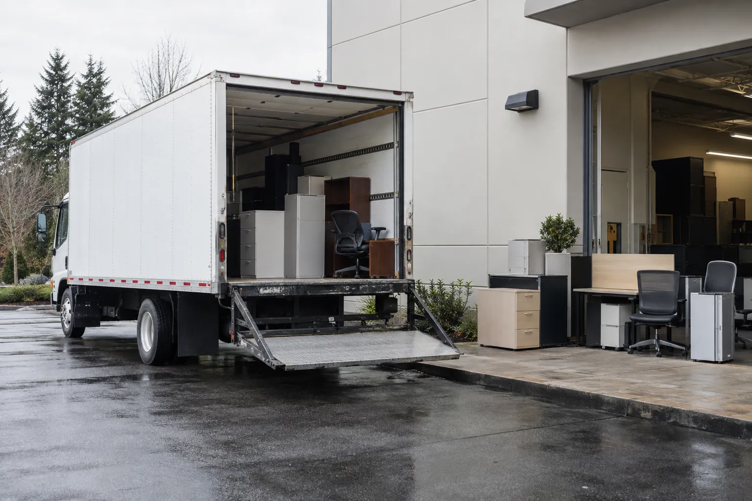 Illustrative office furniture and an unbranded truck at a loading area